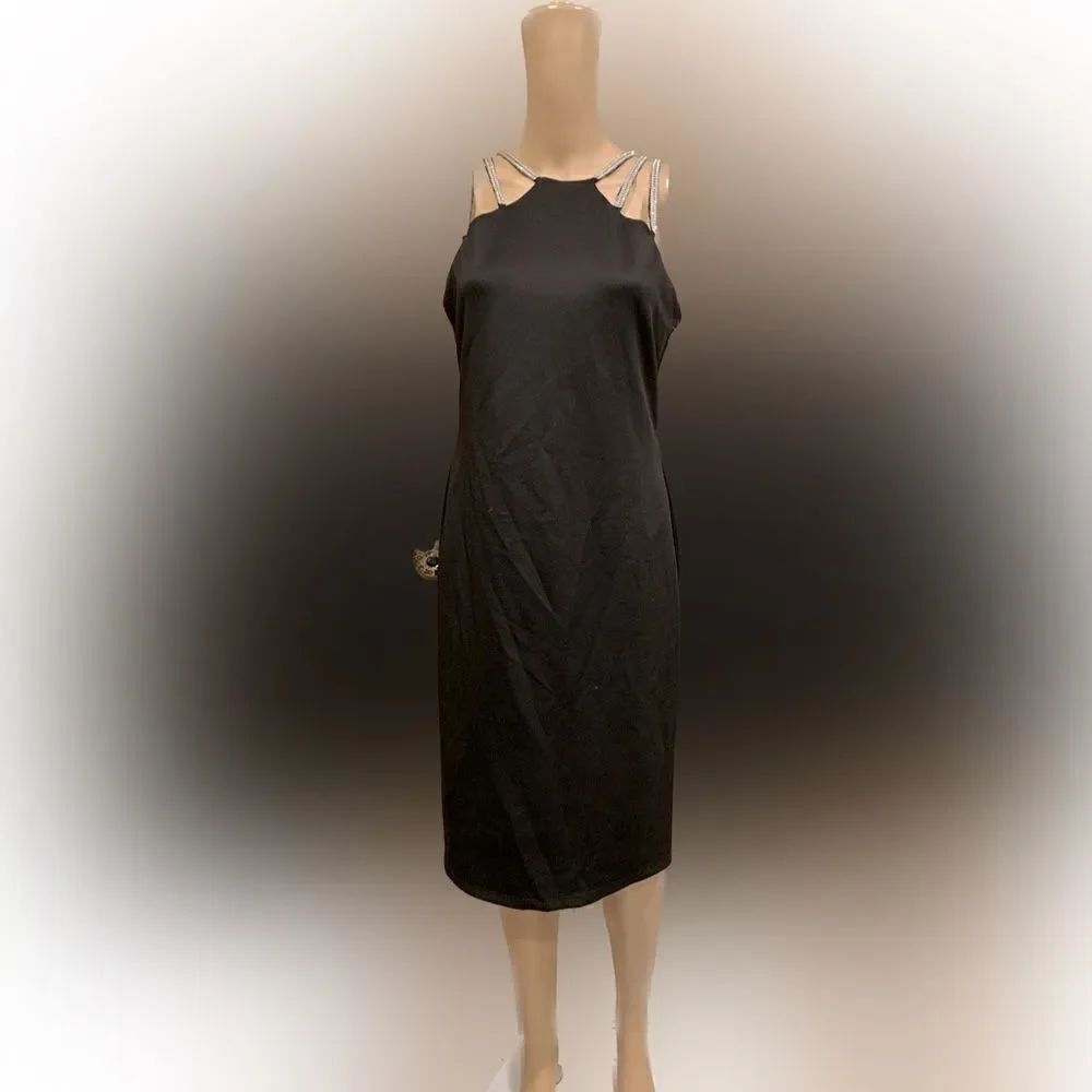 Shelby Nites multi silver beaded spaghetti straps black evening dress Sz 8